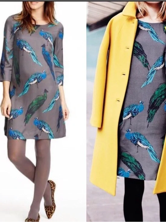 Boden Gray Tunic Dress with Blue & Green Peacock Print - Picture 6 of 6